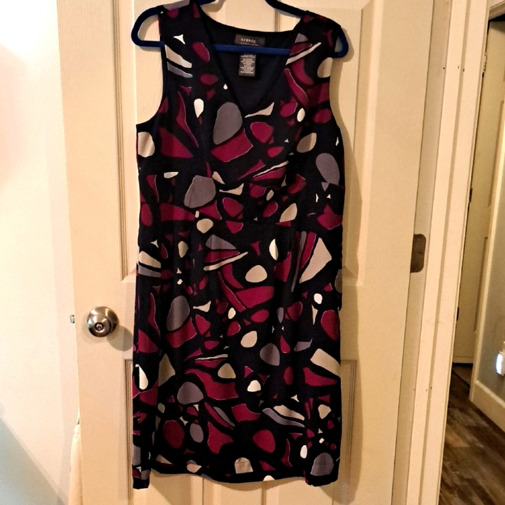 George ME Pink and Red Sheath Dress Sleeveless Scoop Neck Midi